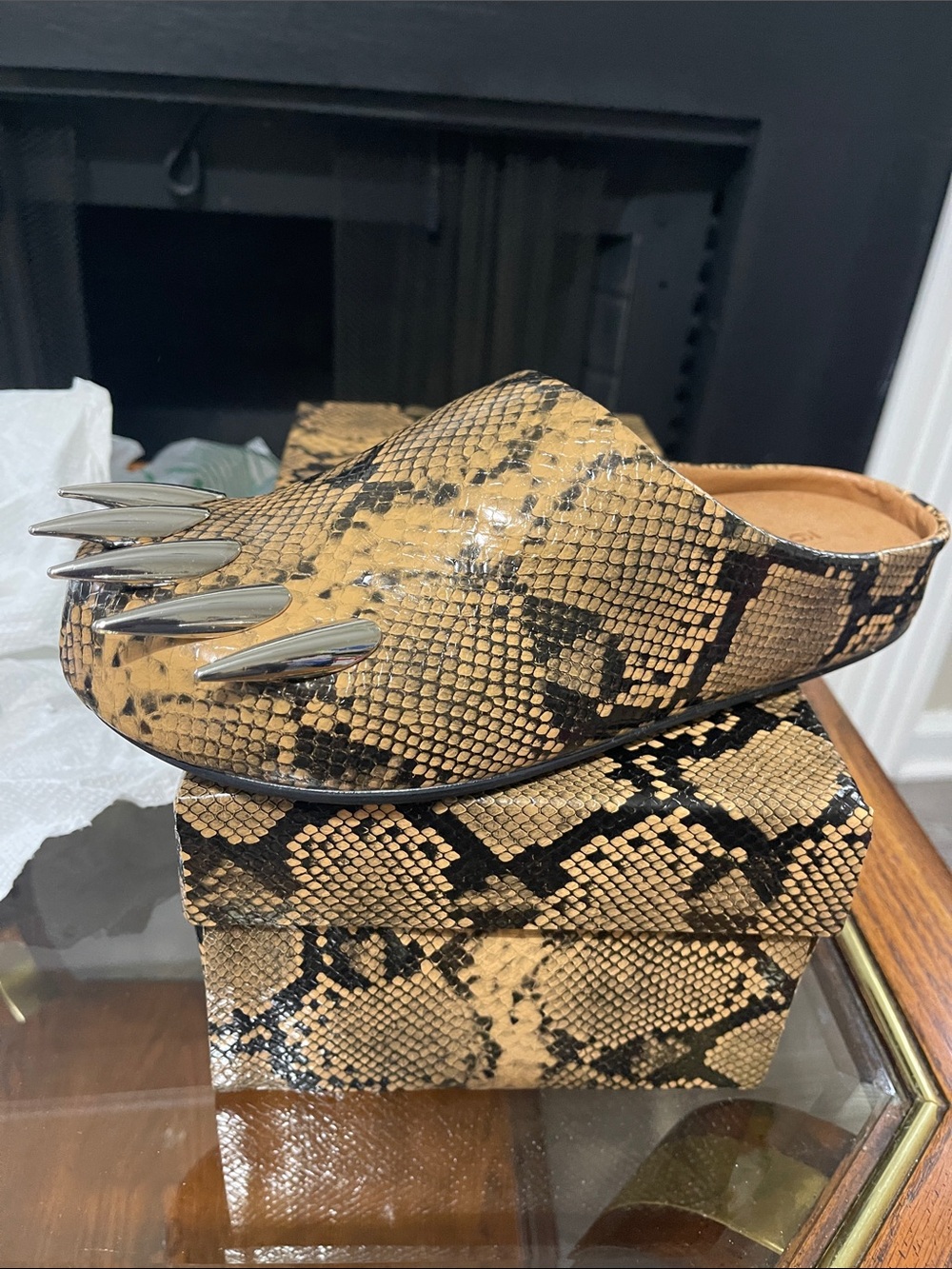 Snake Print Pointed Toe Mule with Silver Claw Accents